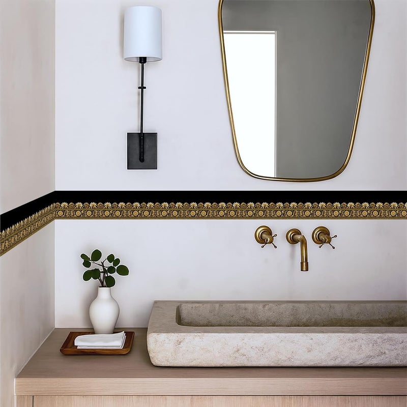 IOHEFY حدود ورق جدران زهور ذهبية وسوداء 196x4 بوصة قابلة للإزالة واللصق بتصميم زهور عتيق لزينة غرفة المعيشة وغرفة النوم والحمام والمطبخ. - Image 3